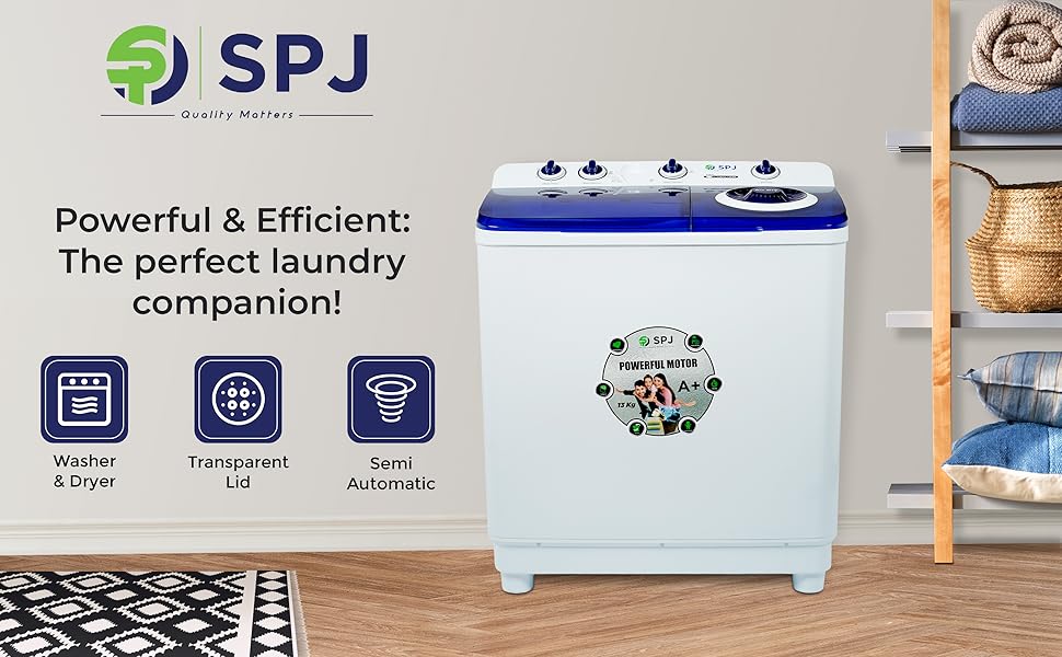 SPJ 12KG Semi Automatic Washing Machine, Top Loader, Washing Machine Automatic, Washer & Dryer and Transparent LID, Energy Saving - 1 Year Warranty