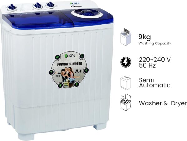 SPJ 9KG Semi Automatic Washing Machine, Top Loader Twin Tub Washer & Dryer, Energy Saving, Powerful Motor, Transparent Lid, Low Noise– 1 Year Warranty - Image 7