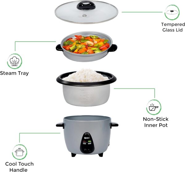 SPJ 2.2 Liters Rice Cooker, Steamer – 477W, Non-Stick Aluminium Pot, Auto Keep Warm, One-Touch Cooking, Tempered Glass Lid - Image 4