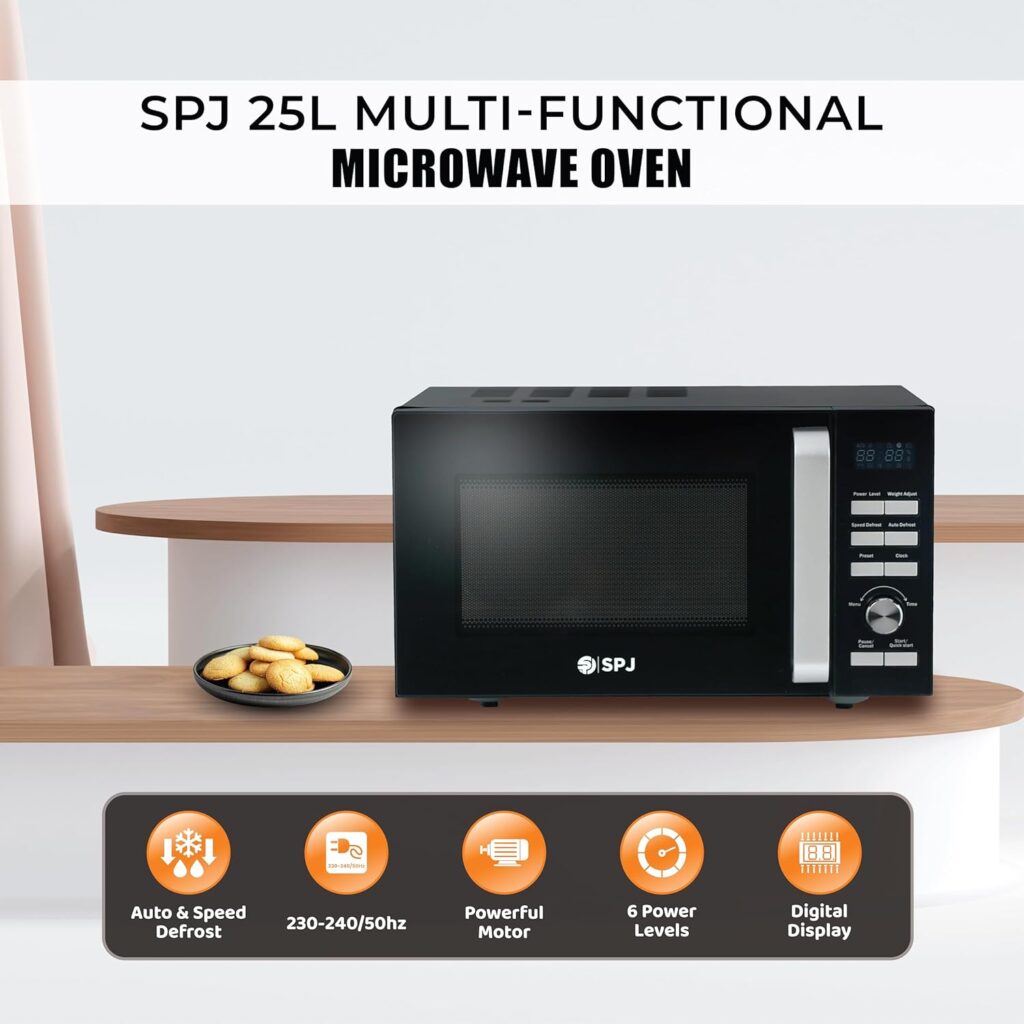 SPJ  25L Microwave Oven, 900W Countertop Microwave with 6 Power Levels, 95 Min Timer, Child Lock & Energy Efficient Design, Compact Microwave