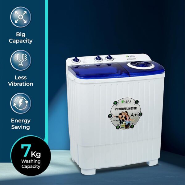 SPJ 7kg Semi Automatic Washing Machine Top Loader - Twin Tub, Transparent Lid, Washer & Dryer Combo, Energy Saving, Compact Home Laundry Appliance, 1-Year Warranty - Image 8