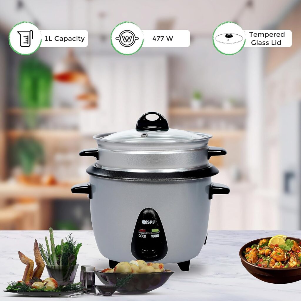 SPJ 2.2 Liters Rice Cooker, Steamer – 477W, Non-Stick Aluminium Pot, Auto Keep Warm, One-Touch Cooking, Tempered Glass Lid