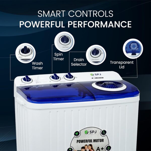 SPJ 7kg Semi Automatic Washing Machine Top Loader - Twin Tub, Transparent Lid, Washer & Dryer Combo, Energy Saving, Compact Home Laundry Appliance, 1-Year Warranty - Image 5