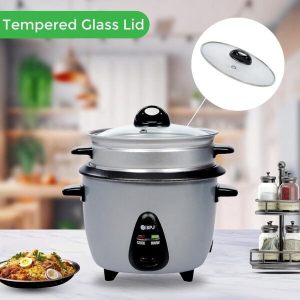 SPJ 2.2 Liters Rice Cooker, Steamer – 477W, Non-Stick Aluminium Pot, Auto Keep Warm, One-Touch Cooking, Tempered Glass Lid