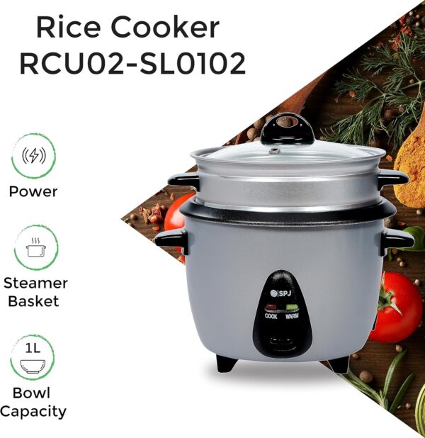 SPJ 2.2 Liters Rice Cooker, Steamer – 477W, Non-Stick Aluminium Pot, Auto Keep Warm, One-Touch Cooking, Tempered Glass Lid - Image 6