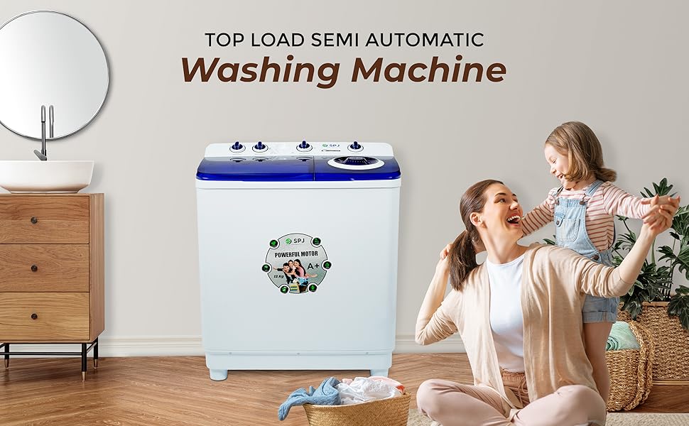 SPJ 12KG Semi Automatic Washing Machine, Top Loader, Washing Machine Automatic, Washer & Dryer and Transparent LID, Energy Saving - 1 Year Warranty