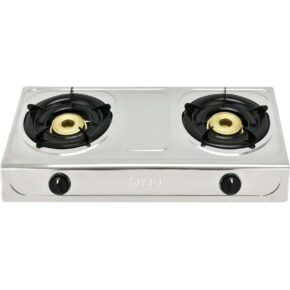 SPJ Gas Stove Double, Stainless Steel Gas Cooker, 2 Burners Stove, Automatic Ignition System, Pan Support & Plastic Knob, Iron Beehive Burner, Stainless Steel - 1 Year Warranty