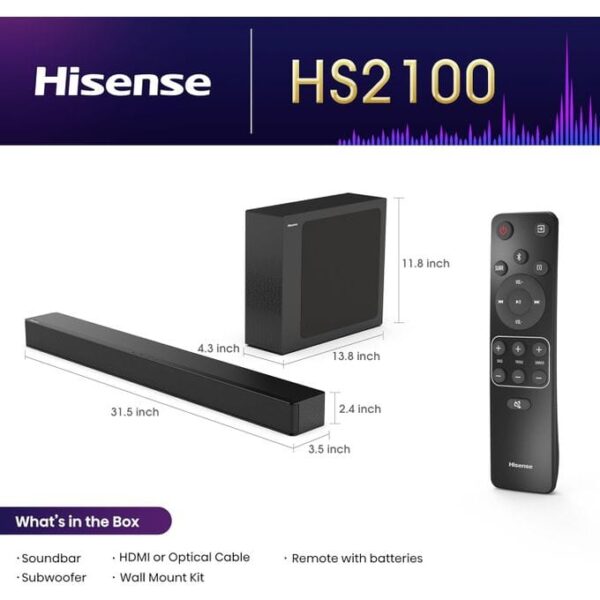 Hisense HS2100 2.1 CH 240W Soundbar with Subwoofer HDMI ARC, Bluetooth - 3Years Warranty