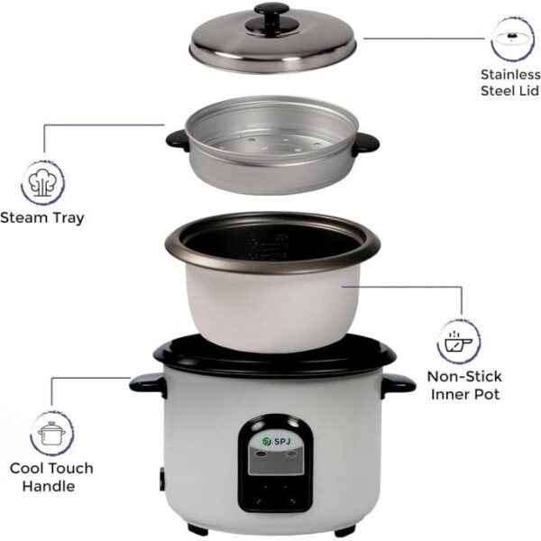 SPJ 1.8 Liter Electric Rice Cooker With Steamer, Stainless Steel Lid, Non-Stick Aluminium Inner Pot, Automatic Keep Warm Function- White