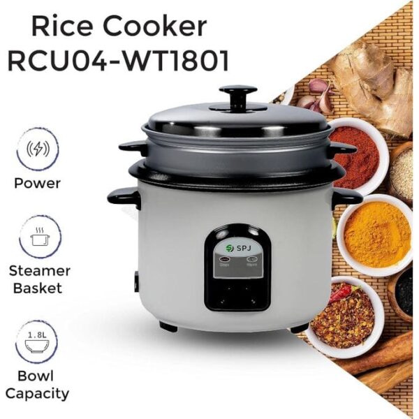 SPJ 1.8 Liter Electric Rice Cooker With Steamer, Stainless Steel Lid, Non-Stick Aluminium Inner Pot, Automatic Keep Warm Function- White