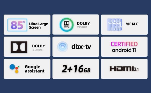 CHiQ 85 Inch TV LED Smart TV HD Android 11.0 HDR10 A+ Screen WiFi Bluetooth 5.0 Full screen display HDMI USB - Image 2