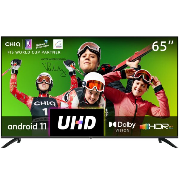 CHiQ 65 inch Android TV, 4K UHD, Hands-Free Voice Control smart TV, HDR 10, Dolby Vision, Prime Video, YouTube, works with Alexa, Google Assistant, HDMI/USB/CI+, Triple Tuner