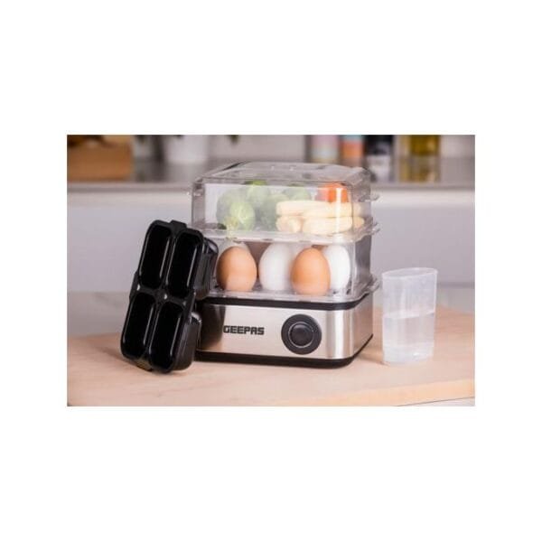 Geepas Electric Egg Boiler For 16 Eggs With Poacher & Omelette Maker Bowl, Can Boil, Poach And Make Omelettes - Black/Silver