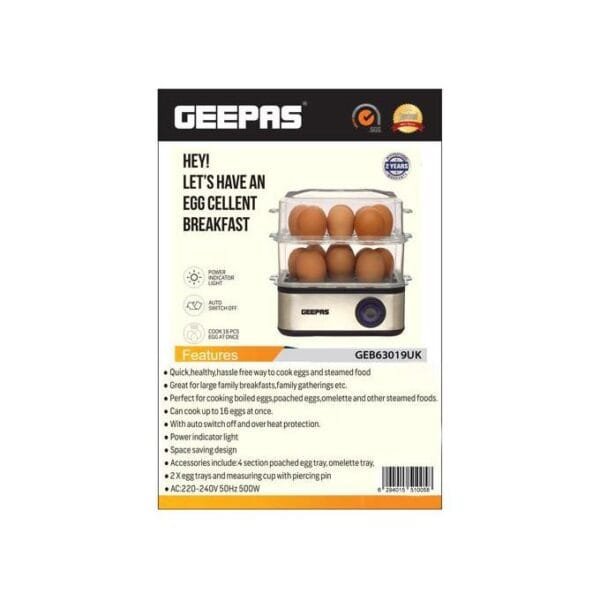 Geepas Electric Egg Boiler For 16 Eggs With Poacher & Omelette Maker Bowl, Can Boil, Poach And Make Omelettes - Black/Silver
