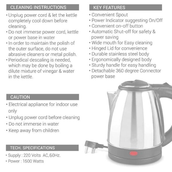 Pixel 2 Liters First Boiling Electric Kettle - Stainless Steel.