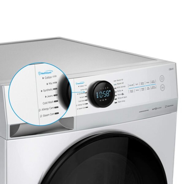 Midea MF200W70B/E Freestanding Washing Machine, BLDC Motor, Bright LED Display, Health Guard, Steam, 15‘ Quick Wash, 1400RPM, 7kg load, White