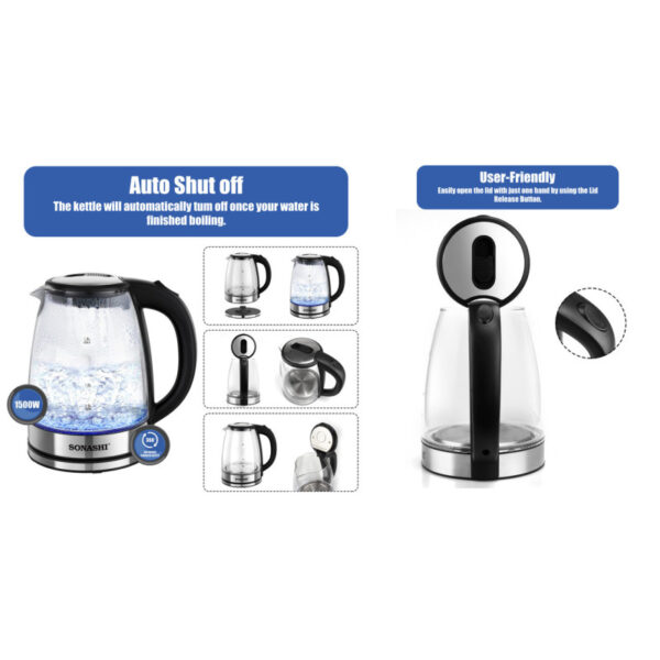 Sonashi 1.8L Glass Cordless Electric Kettle with Auto Shut-Off & Boil-Dry Protection, Glass Body with Concealed Heating Element, Fast Boil, On/Off Indicator - Image 4