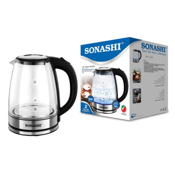 Sonashi 1.8L Glass Cordless Electric Kettle with Auto Shut-Off & Boil-Dry Protection, Glass Body with Concealed Heating Element, Fast Boil, On/Off Indicator - Image 3
