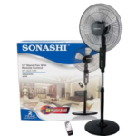 SONASHI Stand Fan 16 inch Floor Fan with Remote Control, 3 Speed Switch, Auto Wind Flow Function, 5 Transparent Blade Leaf - SF-8027SR [Black]