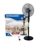 SONASHI Stand Fan 16 inch Floor Fan with Remote Control, 3 Speed Switch, Auto Wind Flow Function, 5 Transparent Blade Leaf - SF-8027SR [Black]