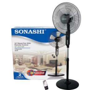 SONASHI Stand Fan 16 inch Floor Fan with Remote Control, 3 Speed Switch, Auto Wind Flow Function, 5 Transparent Blade Leaf - SF-8027SR [Black]