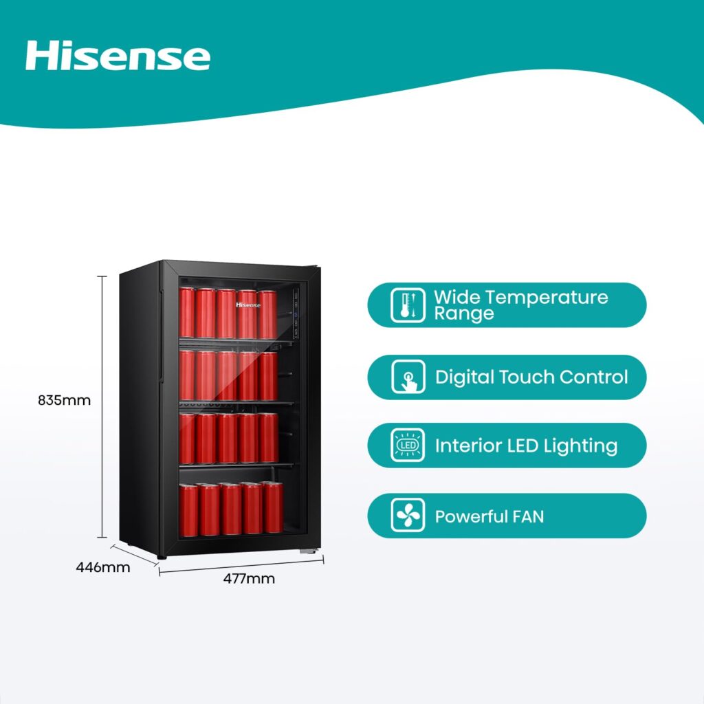 Hisense 122 Liter Chiller Single Door Beverage Cooler, Color Black, With LED Light, Digital Touch Control, Glass Door, Model RBC122N4ASU -1 Years Full & 5 Years Compressor...