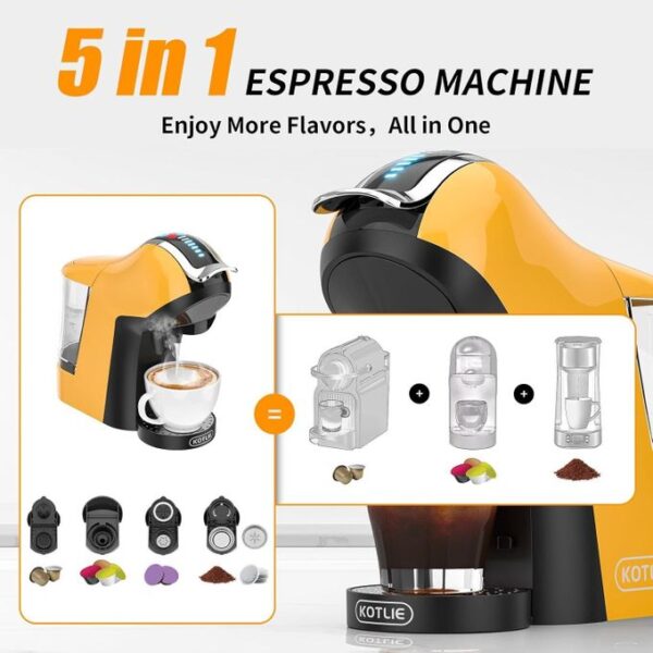 RAF 19 Bar Espresso 5 In1 Automatic Coffee Machine For Nespresso Original/ Gusto/L’OR/MIO/Ground Capsule And ESE Coffee Pods Making Cup Italian Espresso Multi