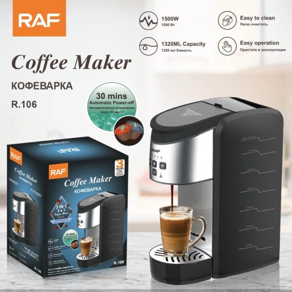 RAF 3-in-1 Coffee Maker 1500W | Capsule & Ground Coffee Machine with 1320ml Water Tank | One-Touch Espresso Coffee Maker with Auto 30-Min Power-Off