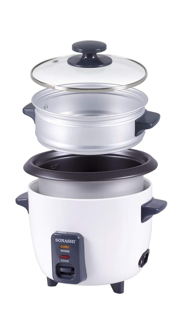Sonashi 1.8 L Rice Cooker With Steamer SRC-318 - Tempered Glass Lid, Cool Touch Handle, Non-Stick Coating & Automatic Shut Off Function | Kitchen Appliance