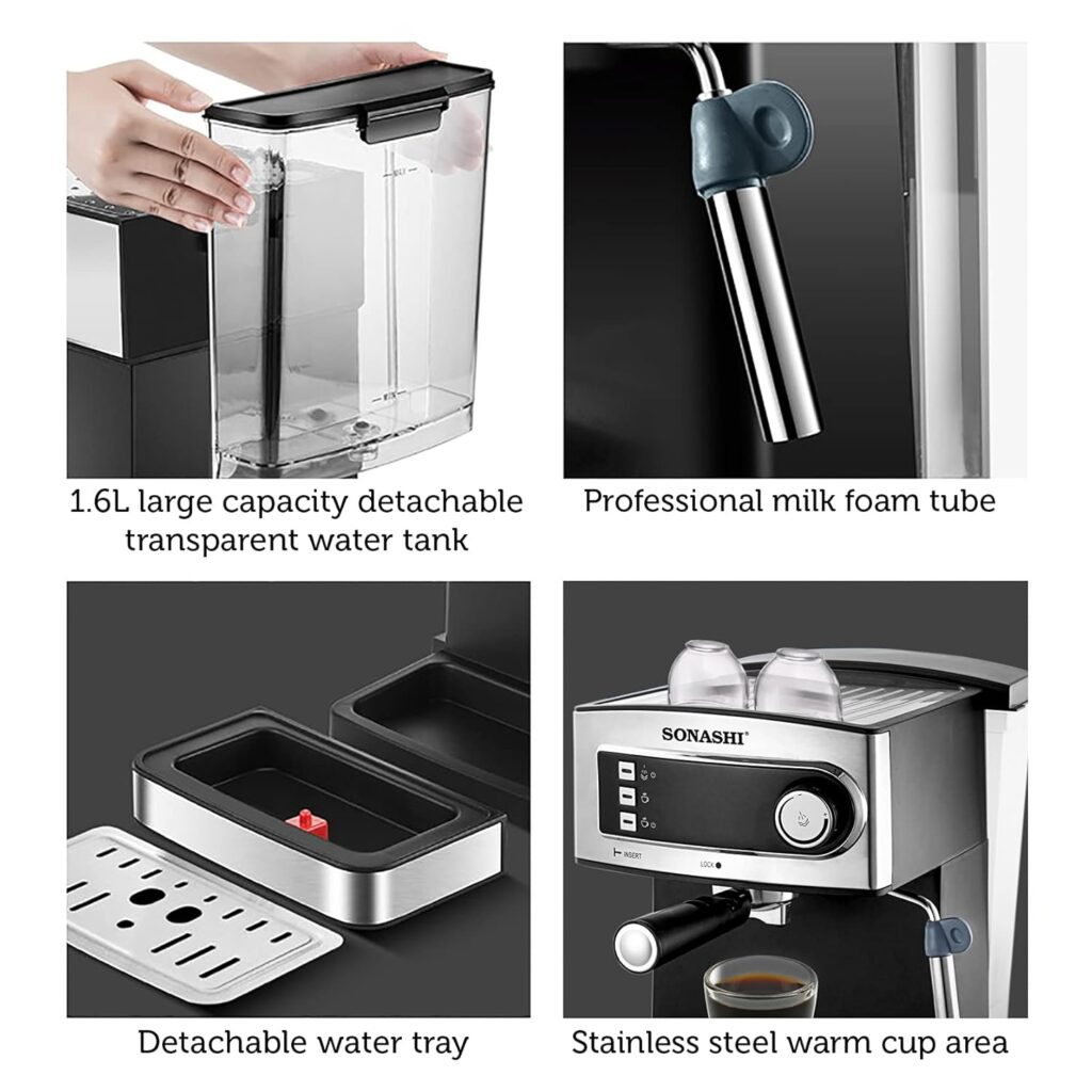 Sonashi 2 In 1 Coffee Maker SCM-4965 – 850W, Touch Button Coffee Machine with Ulka Italy Pump, Steam Nozzle, Overheat Safety Protection | Kitchen Appliance