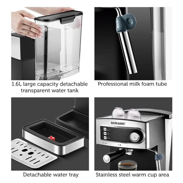 Sonashi 2 In 1 Coffee Maker SCM-4965 – 850W, Touch Button Coffee Machine with Ulka Italy Pump, Steam Nozzle, Overheat Safety Protection | Kitchen Appliance