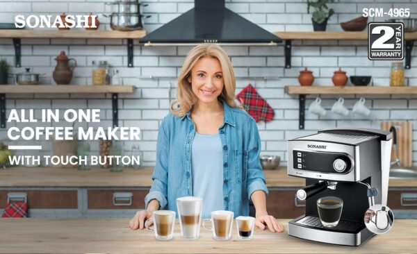 Sonashi 2 In 1 Coffee Maker SCM-4965 – 850W, Touch Button Coffee Machine with Ulka Italy Pump, Steam Nozzle, Overheat Safety Protection | Kitchen Appliance