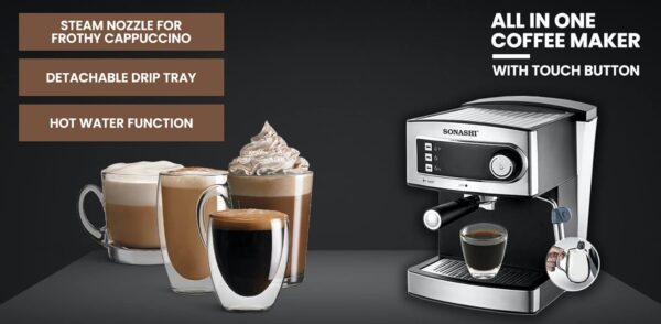 Sonashi 2 In 1 Coffee Maker SCM-4965 – 850W, Touch Button Coffee Machine with Ulka Italy Pump, Steam Nozzle, Overheat Safety Protection | Kitchen Appliance