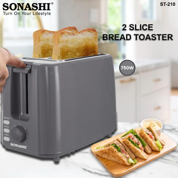 Sonashi 2 Slice Bread Toaster - Adjustable 7 Browning Control with Slide Out Crumb Tray | Defrost, Reheat and Cancel Options | Cool Touch Body for Fast Toasting 750 W ST-210 Grey