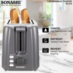 Sonashi 2 Slice Bread Toaster - Adjustable 7 Browning Control with Slide Out Crumb Tray | Defrost, Reheat and Cancel Options | Cool Touch Body for Fast Toasting 750 W ST-210 Grey