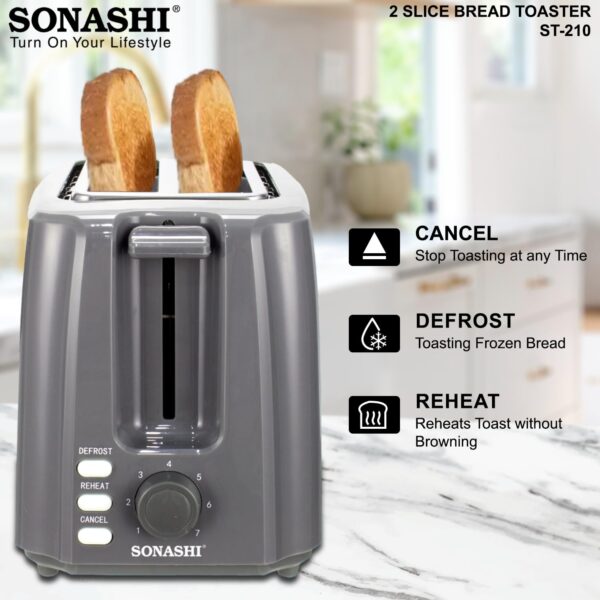 Sonashi 2 Slice Bread Toaster - Adjustable 7 Browning Control with Slide Out Crumb Tray | Defrost, Reheat and Cancel Options | Cool Touch Body for Fast Toasting 750 W ST-210 Grey