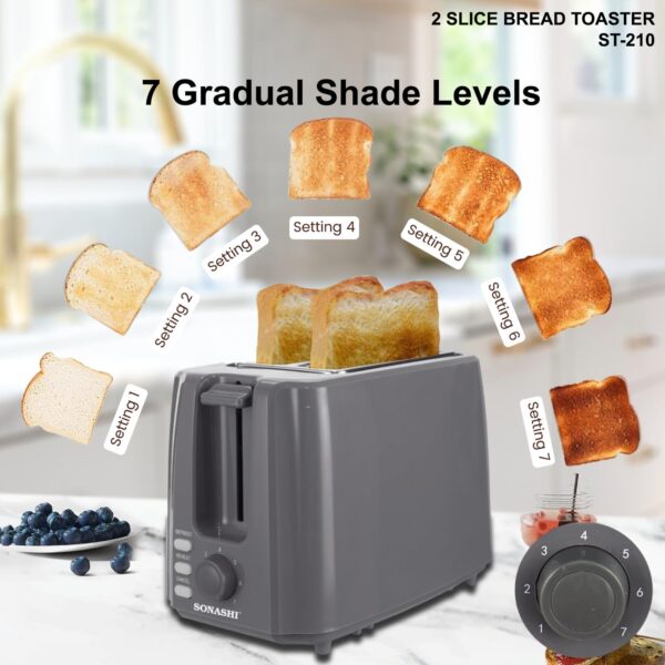 Sonashi 2 Slice Bread Toaster - Adjustable 7 Browning Control with Slide Out Crumb Tray | Defrost, Reheat and Cancel Options | Cool Touch Body for Fast Toasting 750 W ST-210 Grey