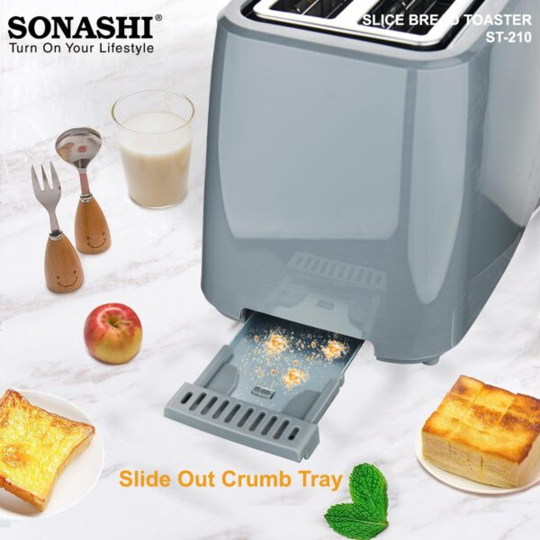 Sonashi 2 Slice Bread Toaster - Adjustable 7 Browning Control with Slide Out Crumb Tray | Defrost, Reheat and Cancel Options | Cool Touch Body for Fast Toasting 750 W ST-210 Grey