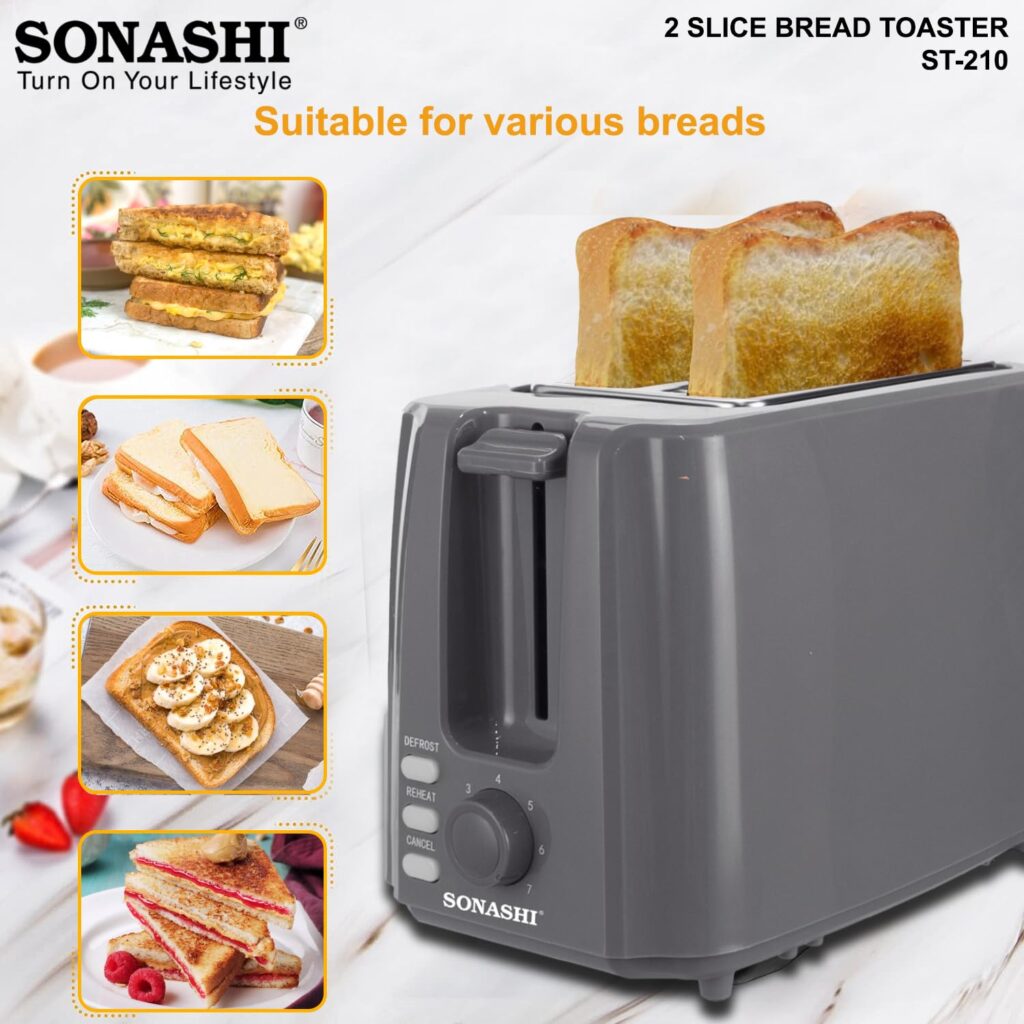 Sonashi 2 Slice Bread Toaster - Adjustable 7 Browning Control with Slide Out Crumb Tray | Defrost, Reheat and Cancel Options | Cool Touch Body for Fast Toasting 750 W ST-210 Grey