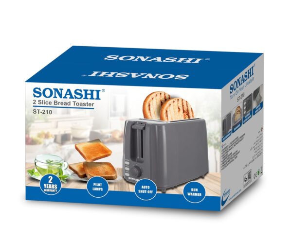 Sonashi 2 Slice Bread Toaster - Adjustable 7 Browning Control with Slide Out Crumb Tray | Defrost, Reheat and Cancel Options | Cool Touch Body for Fast Toasting 750 W ST-210 Grey