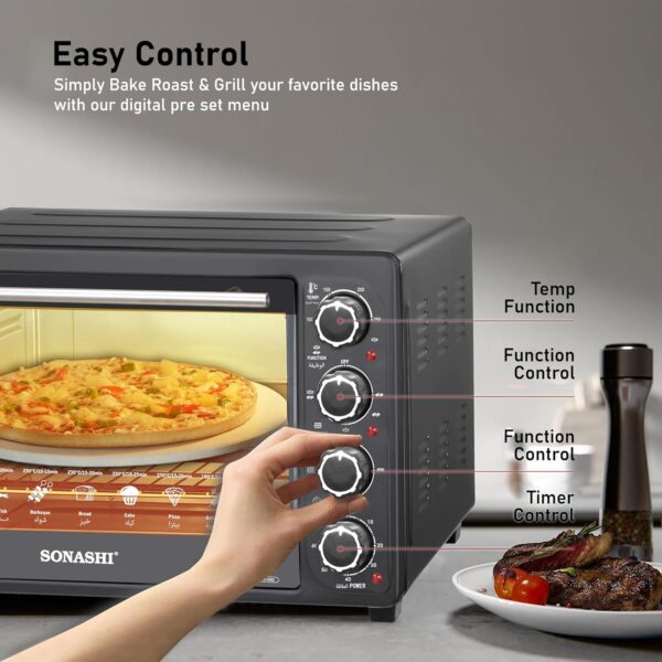 Sonashi 36L Electric Oven With Convection And Rotisserie Function | 4 Knobs And Temperature 100-250 Degrees | 60 Minute Timer With Bell | STO-731 Black 1500W
