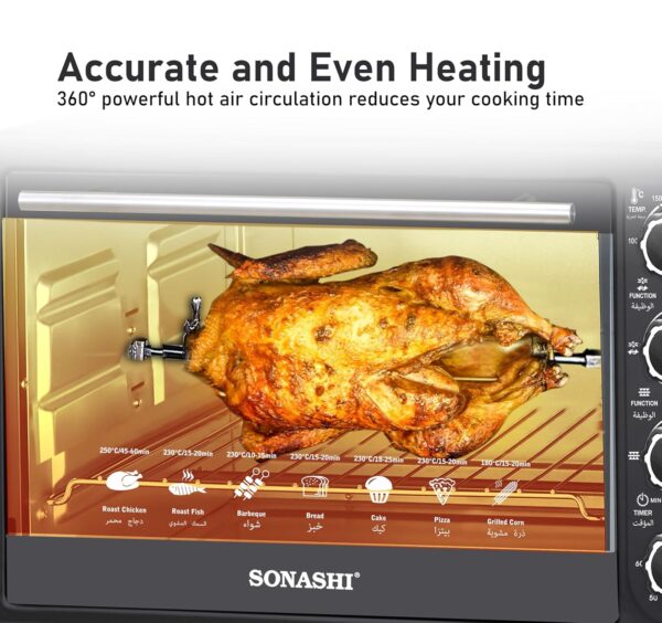 Sonashi 36L Electric Oven With Convection And Rotisserie Function | 4 Knobs And Temperature 100-250 Degrees | 60 Minute Timer With Bell | STO-731 Black 1500W
