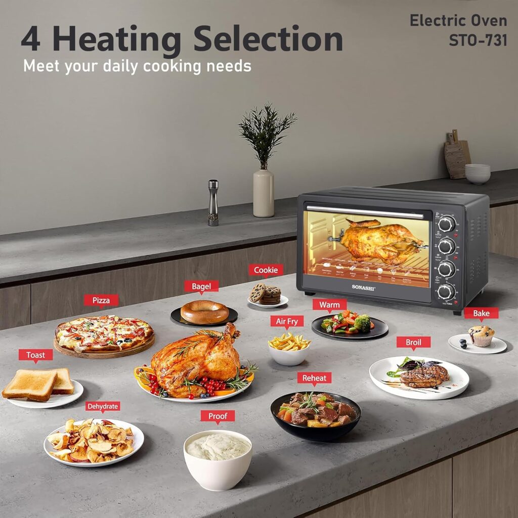 Sonashi 36L Electric Oven With Convection And Rotisserie Function | 4 Knobs And Temperature 100-250 Degrees | 60 Minute Timer With Bell | STO-731 Black 1500W