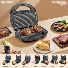 Sonashi 7-in-1 Multi Snack Maker SSM-862 - Detachable Sandwich, Grill, Donut, Waffle, Cupcake, Nutty, Omelet Making Plates | Kitchen Appliances