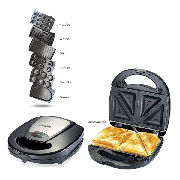 Sonashi 7-in-1 Multi Snack Maker SSM-862 - Detachable Sandwich, Grill, Donut, Waffle, Cupcake, Nutty, Omelet Making Plates | Kitchen Appliances