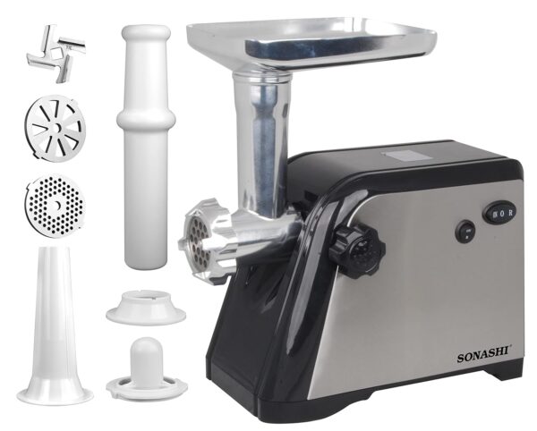 Sonashi Meat Grinder [Silver-Black] SMG-021N - 1500W Electric Meat Grinder w/ 3 Cutting Plates, Reverse Function, Stainless Steel Blade | Kitchen Appliance