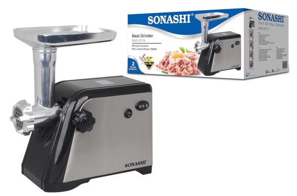 Sonashi Meat Grinder [Silver-Black] SMG-021N - 1500W Electric Meat Grinder w/ 3 Cutting Plates, Reverse Function, Stainless Steel Blade | Kitchen Appliance