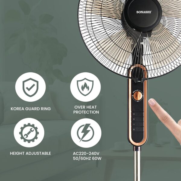 SONASHI SF-8025S Stand Fan – [Black] 16 in. Pedestal Fan with 3 Speed Switch, 5 Transparent Blade Leaf, Korean Guard Ring, Low Noise Operation | Perfect Home Décor Appliance