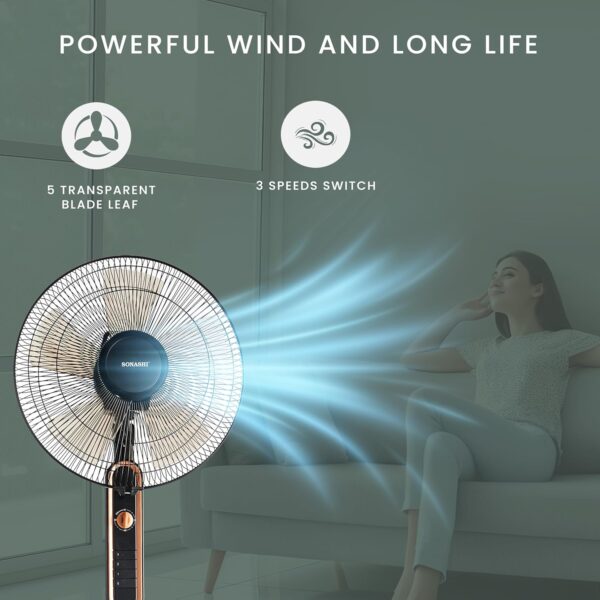 SONASHI SF-8025S Stand Fan – [Black] 16 in. Pedestal Fan with 3 Speed Switch, 5 Transparent Blade Leaf, Korean Guard Ring, Low Noise Operation | Perfect Home Décor Appliance