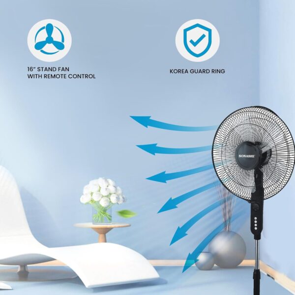 SONASHI SF-8027SR Stand Fan – [Black] 16 in. Floor Fan with Remote Control, 3 Speed Switch, Auto Wind Flow Function, 5 Transparent Blade Leaf | Electronic Appliance for Home,...